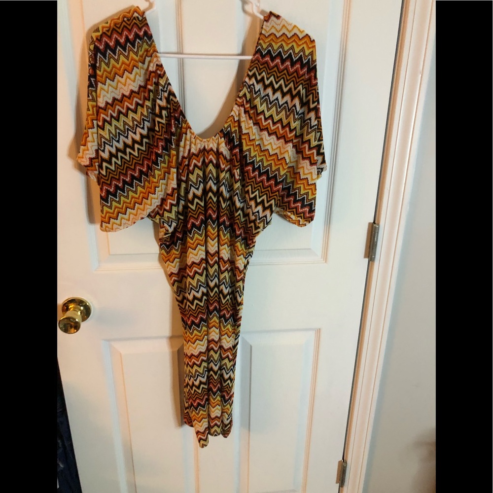 Cristina Love maxi dress, deep V neck front/back, XL, striped, brown, red, beige